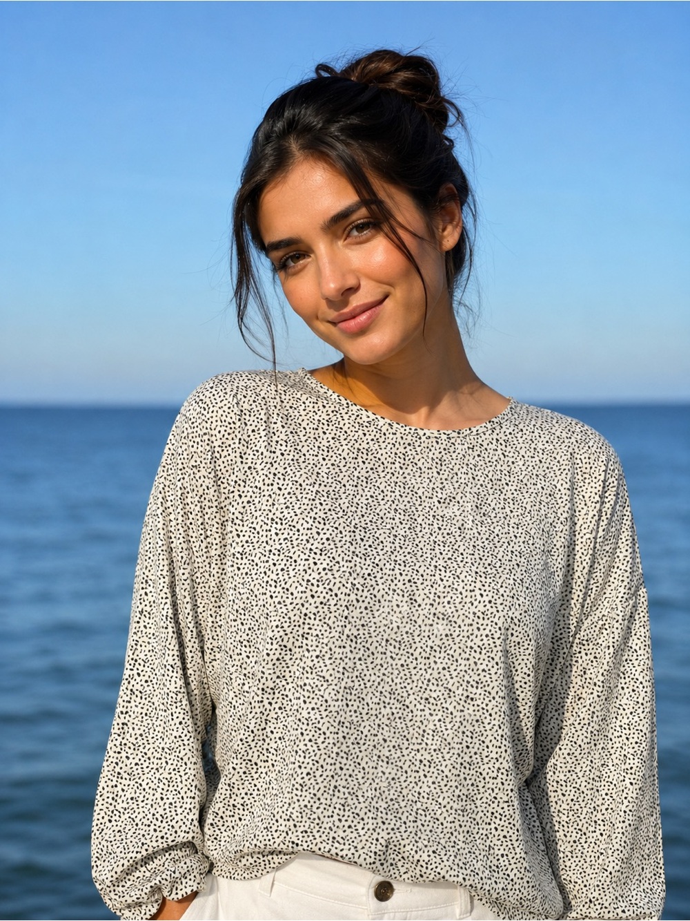 Adrianna Papell Cream Speckled Long-Sleeve Tee